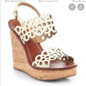TORY BURCH White Nori Laser Cut Cork Wedge Heels